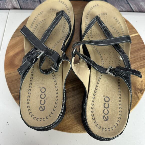 Ecco Sandal Womens 11.5 Black Leather Comfort Slip on Strappy Adustable Cork - Picture 11 of 13